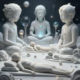 high depth, collective civilization diversity, calm, healing, resting, life, hybrids, scifi, glowing lights!!, published concept art, mixed medias, image overlays, sharp focus, thin glowing wires, winning illustration, art by greg rutkowski and alphonse mucha, singularity!!!, 3 6 0 projection