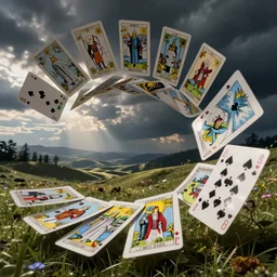 whirlwind of tarot cards, playing cards, playing cards, playing cards, volumetric lighting, landscape, by greg rutkowski