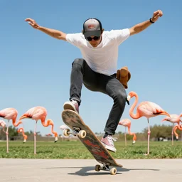 flamingo, skateboarding like a pro, still, doing a kick flip trick, wearing sun glasses and a backwards baseball cap