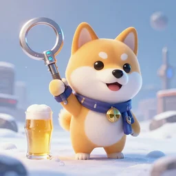 adorable cyberpunk hyperfuture synthwave shiba inu stylized like league of legends, beer key visual, masterpiece, cg animation, riot enterainment, arcane, snowy background, realistic, by artgerm, kyoung hwan kim, loish, steve hanks, greg rutkowski, noriyoshi ohrai 3 d