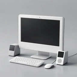 early 2010s blobject fat 2-in-1 computer+monitor combo. KBDMOUSE. ipod classic style. whites and grays. 4k photography