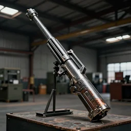 metal gear weapon in a warehouse, dramatic shot, 1 9 8 7, movie still