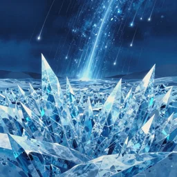blue themed ice crystal landscape, meteor shower, epic, miyazaki style, cinematic, indie, highly detailed, featured on artstation, highly detailed, abstract