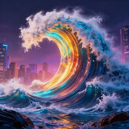 photorealistic imposing tidal wave encroaching on a city. hyperdetailed photorealism, 1 0 8 megapixels, amazing depth, glowing rich colors, powerful imagery, psychedelic overtones, 3 d finalrender, 3 d shading, cinematic lighting, artstation concept art
