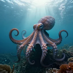 beautiful octopus in ocean, superwide angle, light through the mist, dramatic lighting, photorealistic, cinematic lighting, high detail, cinematic feel, high octane, 4 k, unreal engine, digital render, intricate, ultra realistic, concept art
