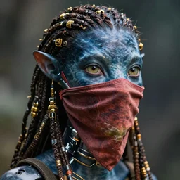 a stunning ultra detailed fantasy fine art portrait photo of a na'vi from avatar movie, by tom bagshaw, artgerm and natalie shau, bandana mask, 3 5 mm lens, golden ratio composition, black skin, gold ornaments, deep depth of field, perfect eyes and face, biomechanical robot, cybernetic implants, cyberpunk, soft lighting, artstation, 8 k