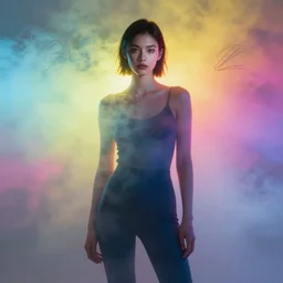 a fashion model surrounds by colored fog, sketch marks, hazy, vibrant colors, backlit, emotional