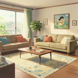 a modern living room, natural lighting, playful color scheme, intricate details, matte painting, illustration, by hayao miyazaki