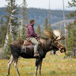 hiker riding moose in yellowstone with prismatic spring in background