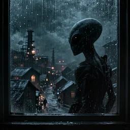 “50mm shot of a shadowy alien, Inside of a rainy window looking out on to a dark scary village with industrial lights”