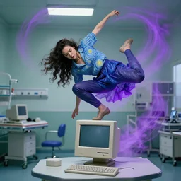 a very beautiful woman in the style of vincent van gogh breakdancing in a hospital emergency room leaving purple trails of mist behind while dancing on top of an old apple macintosh computer