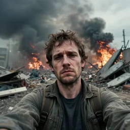 final selfie taken by the sad exhausted last person remaining on earth in front of dramatic disasters in the style of roland emmerich during the terrifying apocalypse.