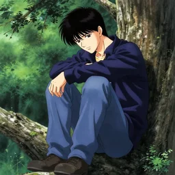 a stunning portrait of a depressed man, sitting on a tree, by kentaro miura