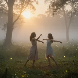 misty swamp, hazy fog, sundown golden hour, early morning dance, smile, fireflies and sparkling wisps, sun rays through trees, Lilia Alvarado, Sophie Anderson, Mark Arian, Bob Byerley, Charlie Bowater, Mark Brooks, Steve Henderson, Justin Gerard, Arthur Hughes, Edward Robert Hughes, Mark Keathley, Victor Nizovtsev, Carlos Shwabe, Ross Tran, WLOP