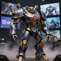cinematic still from 2 0 2 2 nvidia video demo and unity video demo and westworld and real steel, studio showcase of a blue crimson golden aggressive heavily armored strong vital mech sci - fi military army. stunning ornate intricate decoration armor, ultra detailed, 8 k, smog, trending on artstation
