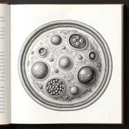 a biology textbook illustration of an eukaryotic cell, surrealistic, black and white