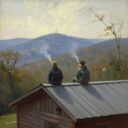 two people smoking on a cabin roof, looking over west virginia, original oil on canvas painting by sydney mount