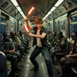 young actor david patrick kelly practicing with his brightly glowing nunchucks while riding a post apocalyptic zombie filled subway train, movie dreamscape