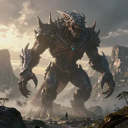 a photorealistic hyperrealistic render of a giant monstrous lovecraftian creature towering over the surrounding mountains by pixar, greg rutkowski, wlop, artgerm, epic fantasy dramatic moody dawn lighting, long shadows, volumetric, cinematic atmosphere, octane render, artstation, 8 k