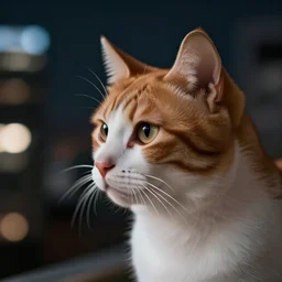 closeup profile shot of an orange/white tabby cat, city lights, strong bokeh, dramatic, cinematic, high contrast, octane render, cgsociety, artstation, 4k