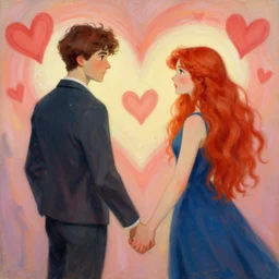 a male and a long red haired female who are in love holding hands with hearts in the background, fantasy world, painted by sylvain sarrailh, ferdinand knab, trending on artstation