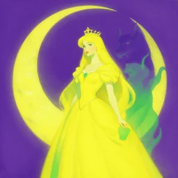 portrait of princess of the dreamlands and moon beast, by frank frazetta, vibrant colors, yellow purple green, minimalist