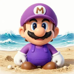 Extremely Detailed and Full Portrait scene of Gooey Ocean scene in ink and refined sand, Waluigi with shades on face. wearing purple shirt and hat with dark grey overalls full body smiling by Akihito Yoshitomi AND Yoji Shinkawa AND Greg Rutkowski, Mark Arian trending on artstation