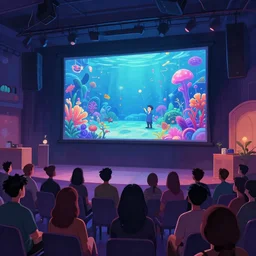 cartoon, people listening to presentation on large screen, sitting in a large hall, dim painterly lighting volumetric aquatics, party