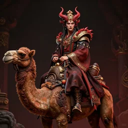 a matte painting of king paimon riding on the back of a camel, handsome, mysterious, demonic, aesthetically pleasing, gorgeous facial features, hellish, concept art, by boris vallejo, by julie bell, dark fantastic hyperrealism, daz 3 d, album cover, intricate, ornate, very detailed, trending on arstation, artgem