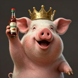 smiling pig wearing a crown holding up a bottle of seasoing, hyper realistic, ultra detailed, cinematic, dynamic lighting, photorealistic, refined, intricate, digital art, digital painting, masterpiece, 8k