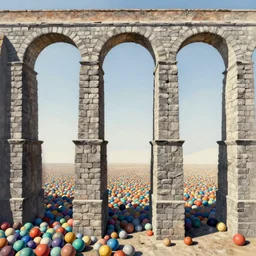 acrylic surrealism aqueduct and arches 3 6 0 panorama 3 - point perspective escher style pattern of colorful balls unfinished hyperrealistic light and shadow rough details
