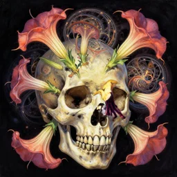 an epic fantastic realism comic book style painting of datura flowers and a fractal skull within a fractal within a fractal within a fractal within a fractal all contained in a human skull and complimented with the most beautiful datura flowers, dynamic lighting, datura, angel's trumpet, allegory of death
