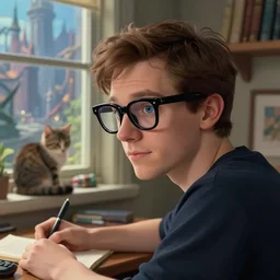 brown haired man with thick black glasses, blue eyes, close up portrait, sitting at desk, cat on shelf, studying, fantasy city outside window, adjacent window, greg rutkowski, profile view
