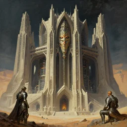 giant immense crematorium advanced technology sci - fi architectural structure on desert planet, gothic architecture fantasy, d & d, intricate, painting by lucian freud and mark brooks, bruce pennington sakimi chan, fantasy armor, detailed face, dynamic lighting, tony sart