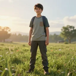 detailed boy standing in a grass field with the sun in the background, unreal engine 5 rendered, incredibly highly detailed and realistic, 8 k, sharp focus, studio quality