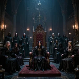Crowded throne room of vampiric nobility, fantasy, wide shot, trending on artstation