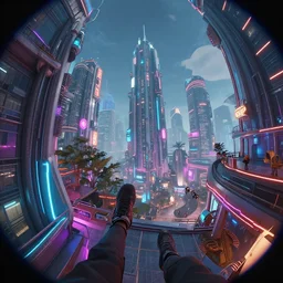 Gameplay screenshot. Octane Render. Masterpiece. First person GoPro headcam footage. Parkour through a futuristic neon sci-fi city. Fisheye lense photograph.
