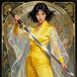 uma thurman in kill bill, rococo and art nouveau fusion, iridescent diaphanous refractive and reflective katana, yelliw jumpsuit, highly detailed, deep focus, elegant, digital painting, smooth, sharp focus, illustration, ultra realistic, 8 k, art by artgerm and alphonse mucha