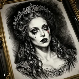 in the tomb of empress sissi, vienna, austria, beautiful woman, zombie, pen and ink, 8 k, hyperrealistic, hyperdetailled, beautiful face, dark fantasy
