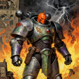 composition of gothic and futuristic, warhammer, cyber fight armor, more and more scars, thunderstorm, firestorm, orange head, some green and purple, yellow, the middle ages, highly detailed, artstation, in the style of moebius, jugendstil and classic japanese print, art byrichard pearce, michael wadleigh and alfred wertheimer