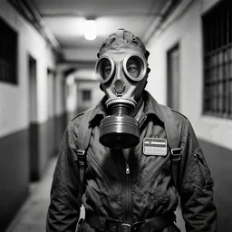 A photograph of a man in a gas mask and a flight suit, inside the halls of the Kowloon Walled City. Film Noir. High Contrast. Black and White.