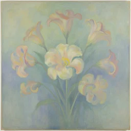 quiet constructivist by george cruikshank, by john french sloan. mixed media art. this illustration is a large canvas, covered in a wash of color. in the center is a cluster of flowers, their petals curling & twisting in on themselves. the effect is ethereal & dreamlike, & the overall effect is one of serenity & peace.
