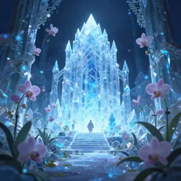 orchid garden of the ice crystal palace. award - winning 3 d anime by an indie studio, heavily stylized, rimlighting, depth of field, limited palette, impressionism, chiaroscuro, bokeh.