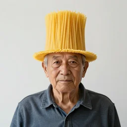 elderly man wearing a hat made from spaghetti, Canon EOS R3, f/1.4, ISO 200, 1/160s, 8K, RAW, unedited, symmetrical balance, in-frame