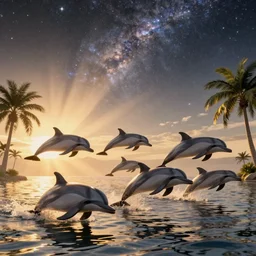 dolphins swimming, golden hour, god rays, by greg rutkowski and artgerm and ruan jia and ismail inceoglu and greg olsen, palm trees, cosmos, milky way galaxy, masterpiece, beautiful, intricate, elegant, highly detailed