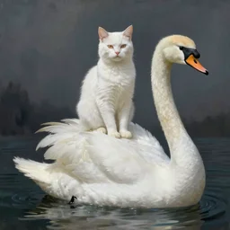 a white cat sitting on top of a white swan, a surrealist painting by hanns katz, deviantart, surrealism, majestic, surrealist, creative commons attribution