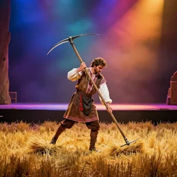 concept art, a stage, man with scythe, mowing of the hay, traditional romanian clothing, dramatic lighting, beautiful, volumetric lighting, colorful, octane render