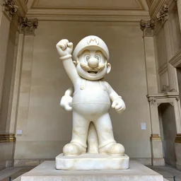 white marble statue of super mario in the louvre, wide angle photography