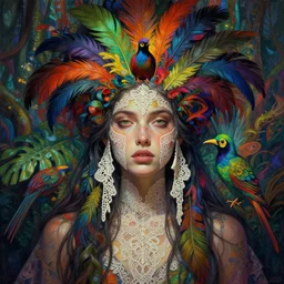 a reality bending psychedelic ayahuasca experience, colorful, distorted, surreal, tropical bird feathers, girl of jungle, dramatic lighting on the face, intricate lace, elegant fabric, highly detailed, digital painting, concept art, smooth, sharp focus, illustration, art by krenz cushart and wayne barlowe and alphonse mucha