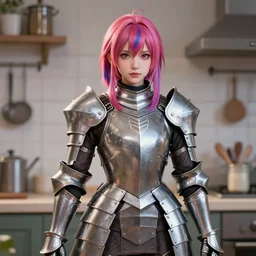 a masterpiece ultrarealistic ultradetailed photograph of a lifelike real anime girl that is dressed in steel plate armor, gorgeous, surrounded by kitchen supplies, photoreal image, art by wlop, photoreal, colorful hair, highly rendered, blender, unreal engine, readable, extremely detailed, trending on artstation, sharp focus, 4 k